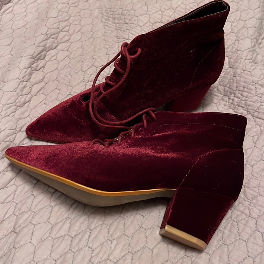 Miss L Fire Velvet burgundy block heel ankle bootie